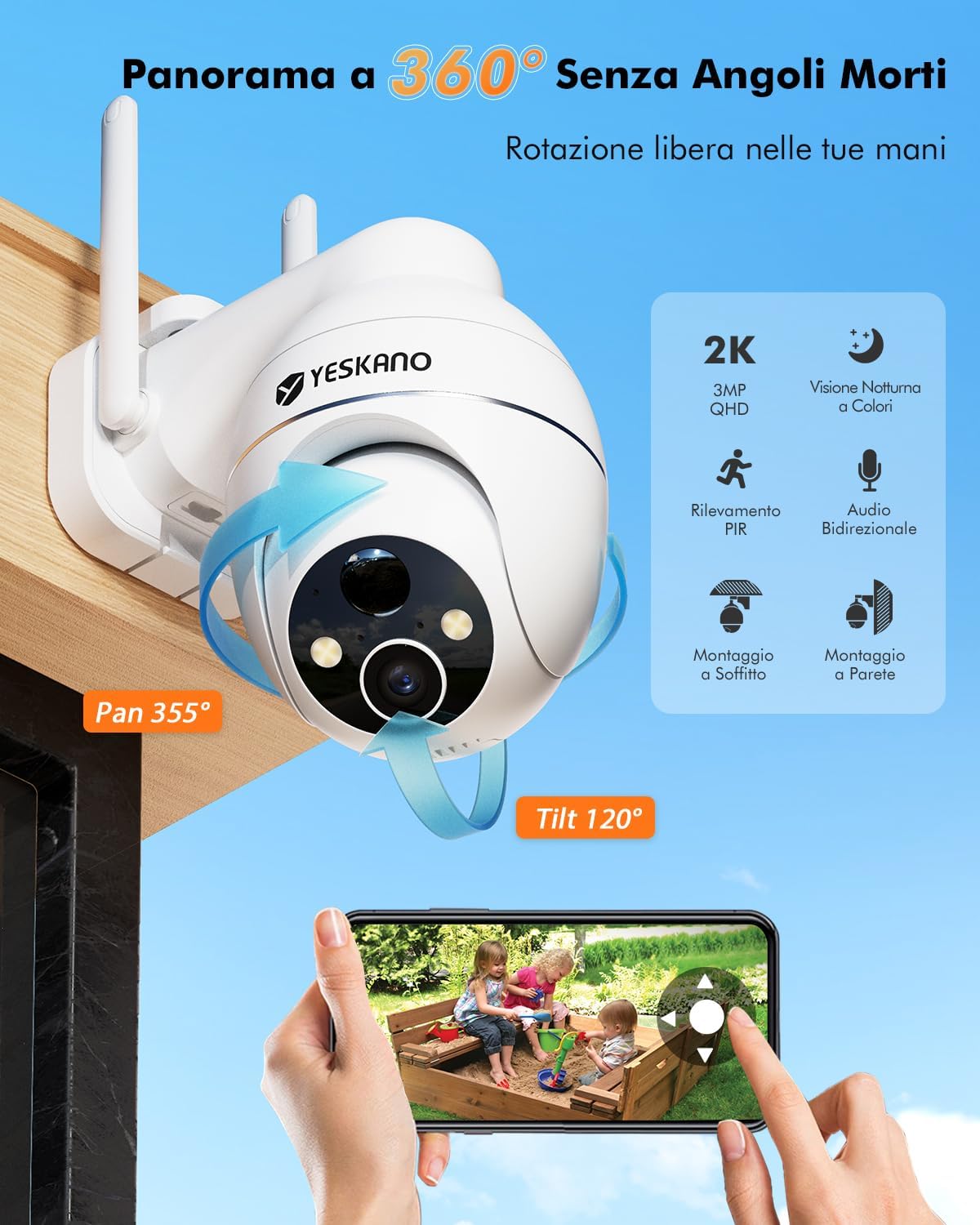 Detalle de YESKANO 2K Telecamera Wi-Fi Esterno Solare 360° PTZ, Videosorveglianza a Batteria con Rilevamento Umano, Audio 2 Vie e Visione Notturna a Colori