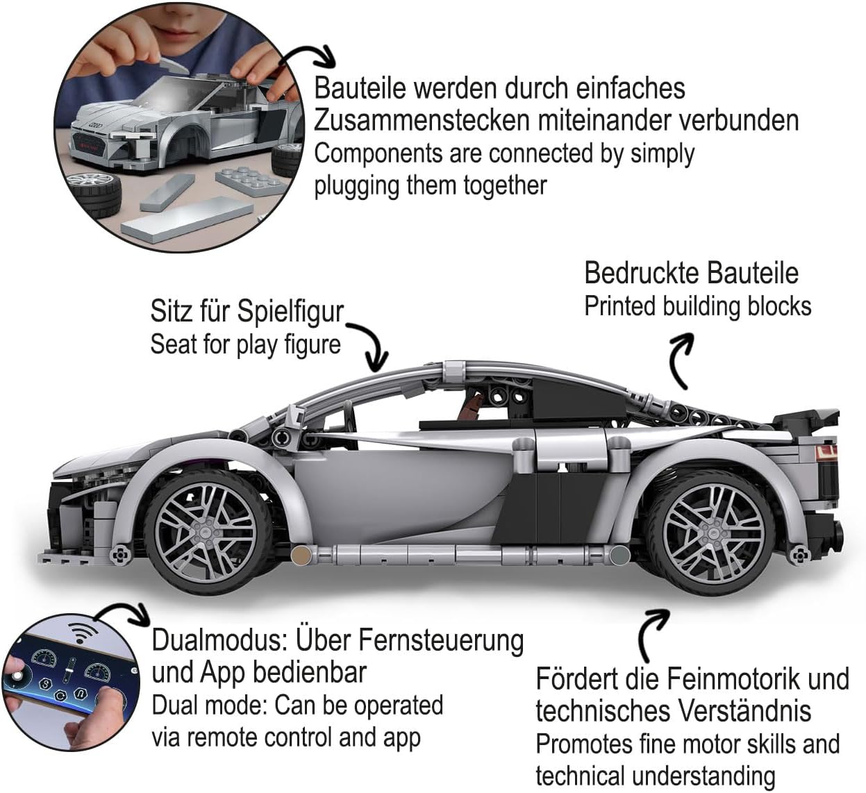 Detalle de JAMARA 402898 CaDA Audi R8 Coupé 1:14 – model RC z klocków, 536 elementów