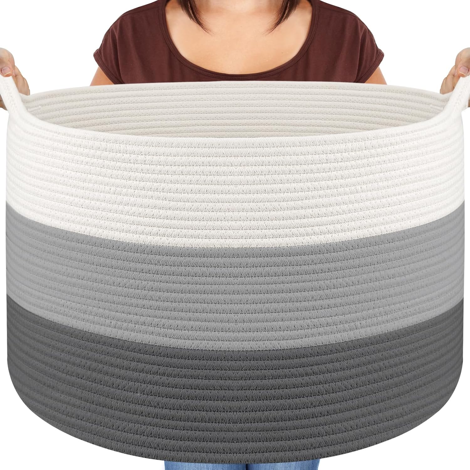 Thumbnail 4 de Maliton Laundry Basket (Large, 55x35cm, 68L) Foldable Rope Woven Hamper in White & Grey