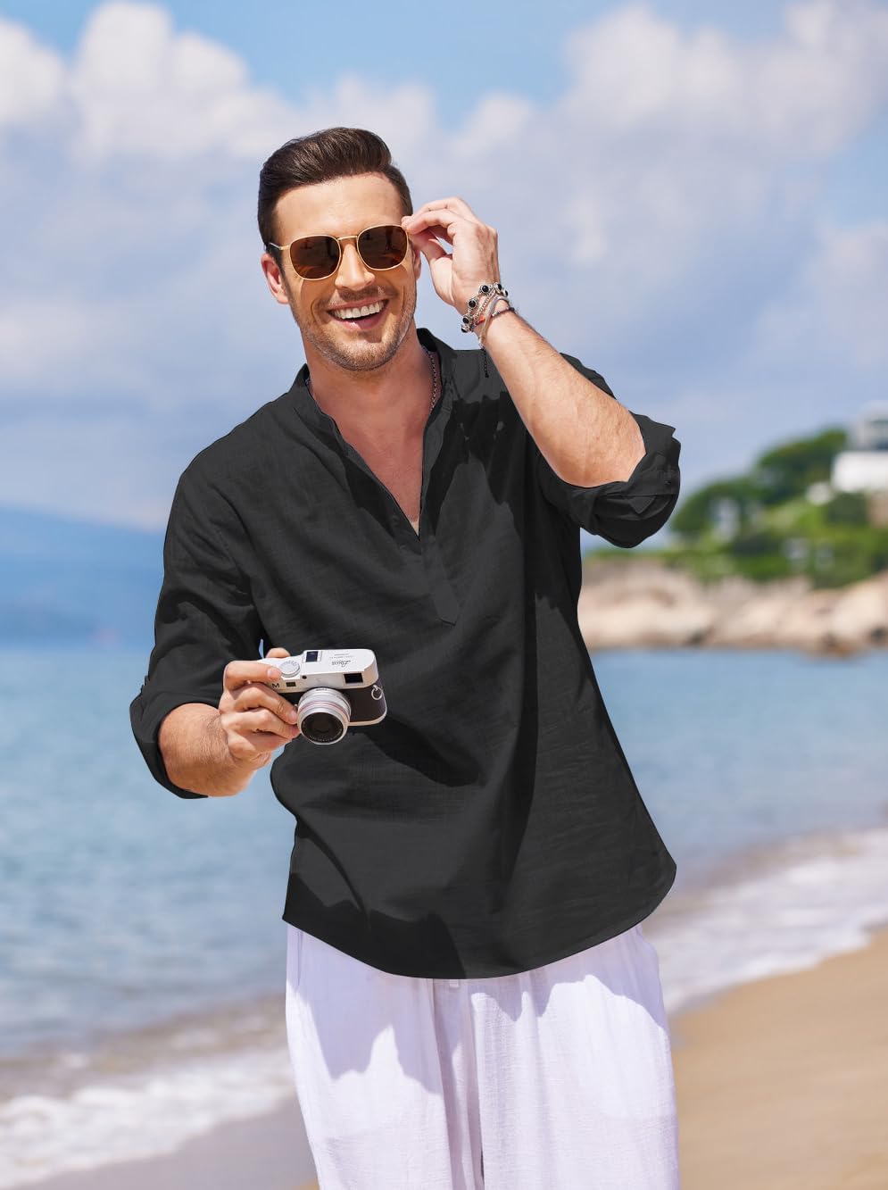 Detalle 2 de COOFANDY Men's Cotton Linen Henley T-Shirt Long Sleeve – Lightweight, Breathable Beach-Ready Henley