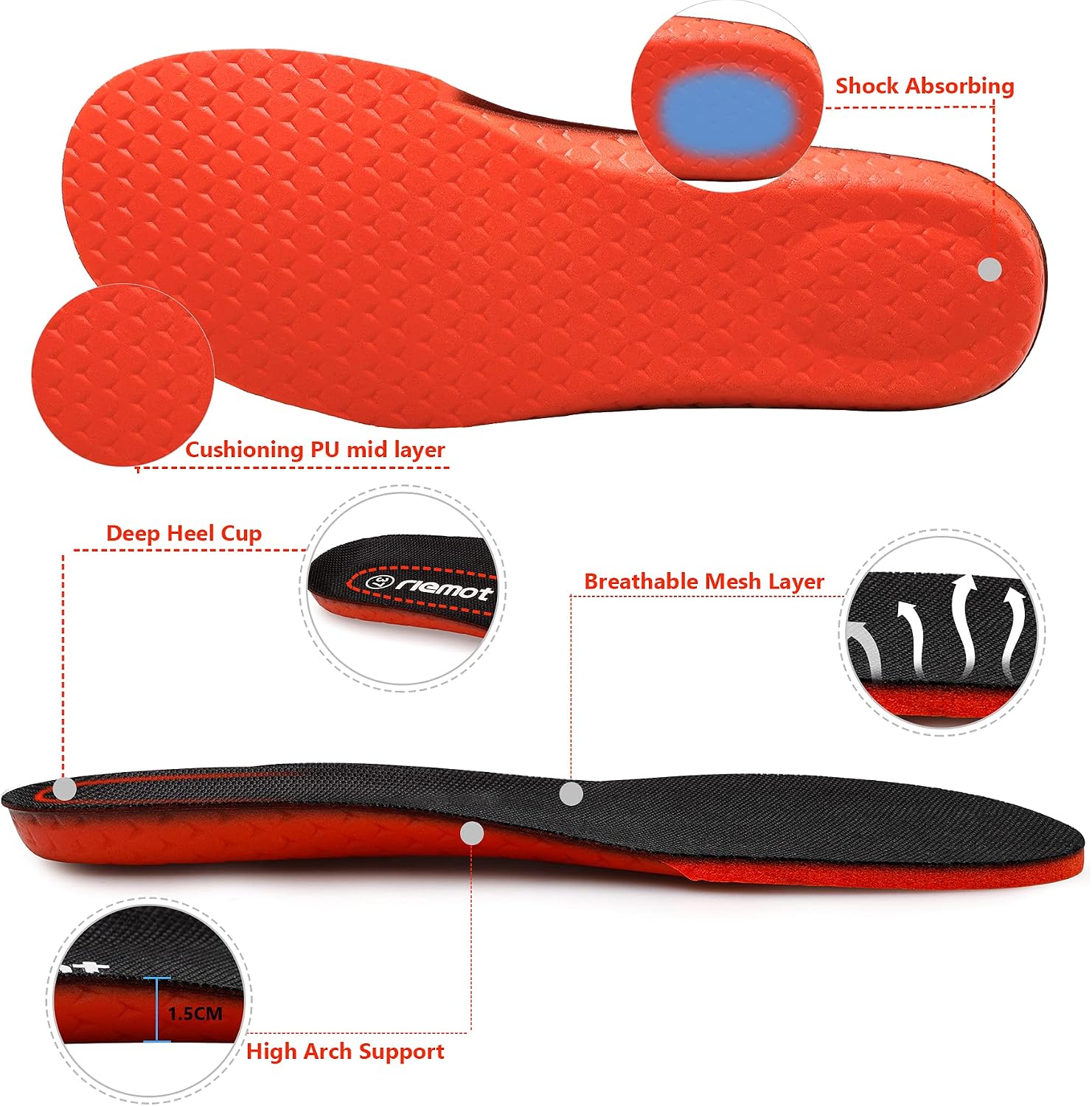 Detalle de riemot Memory Foam Einlegesohlen für Damen & Herren – bequeme Schuheinlagen für Sneaker, Stiefel und Sport