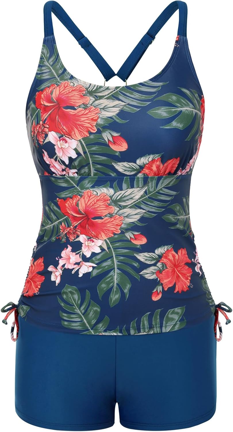 Detalle de JASAMBAC Women’s Strappy Tankini Swimsuits with Drawstring Hem – Floral Two-Piece Swimwear