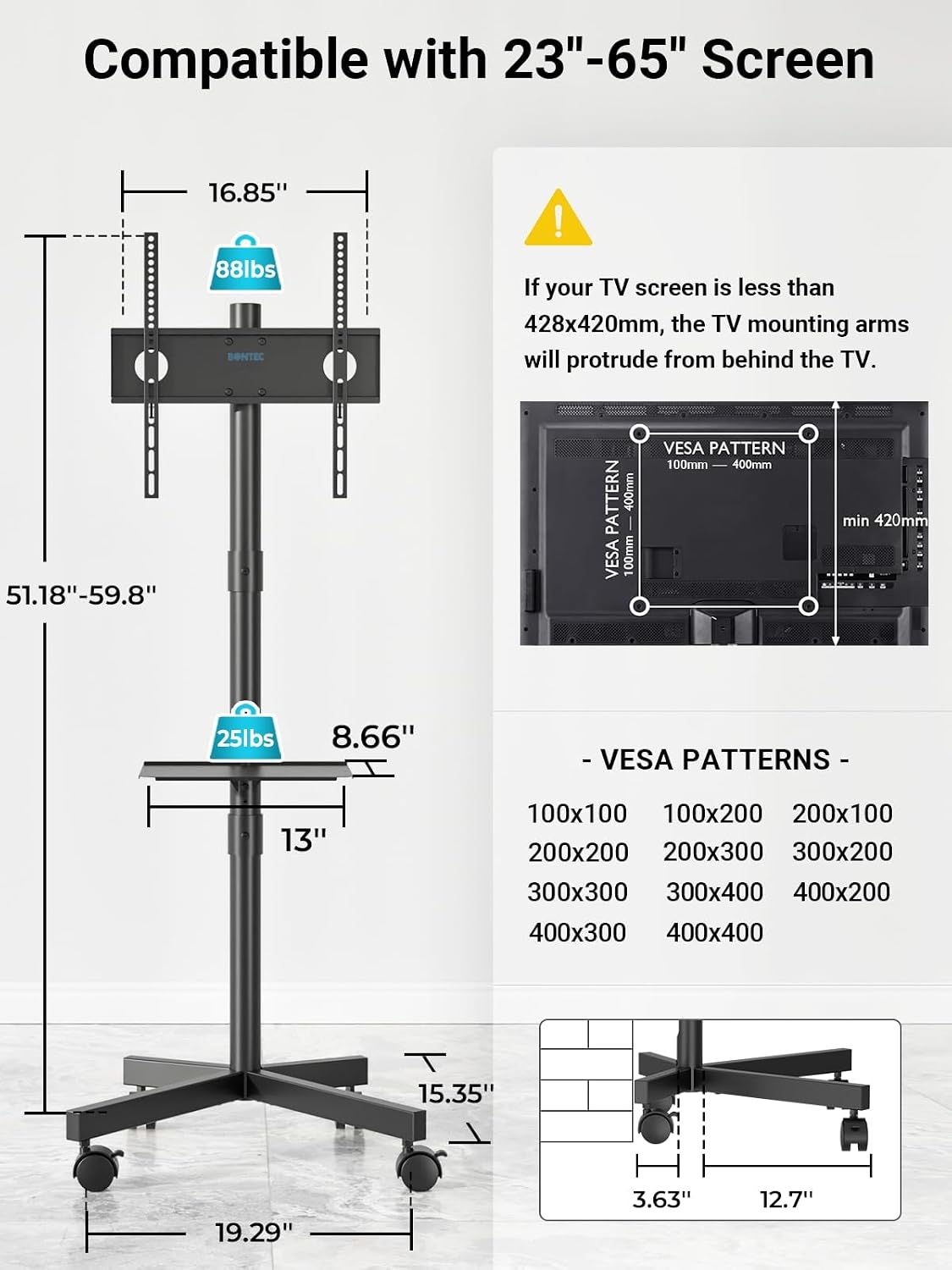 Thumbnail 1 de BONTEC TC-003B-US-FBA Rolling TV Stand with Adjustable Height and Locking Wheels