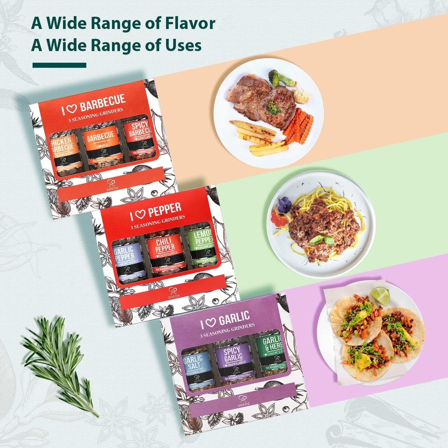 Thumbnail 4 de Soeos Spice Grinder Set of 9 with BBQ, Pepper and Garlic Seasonings