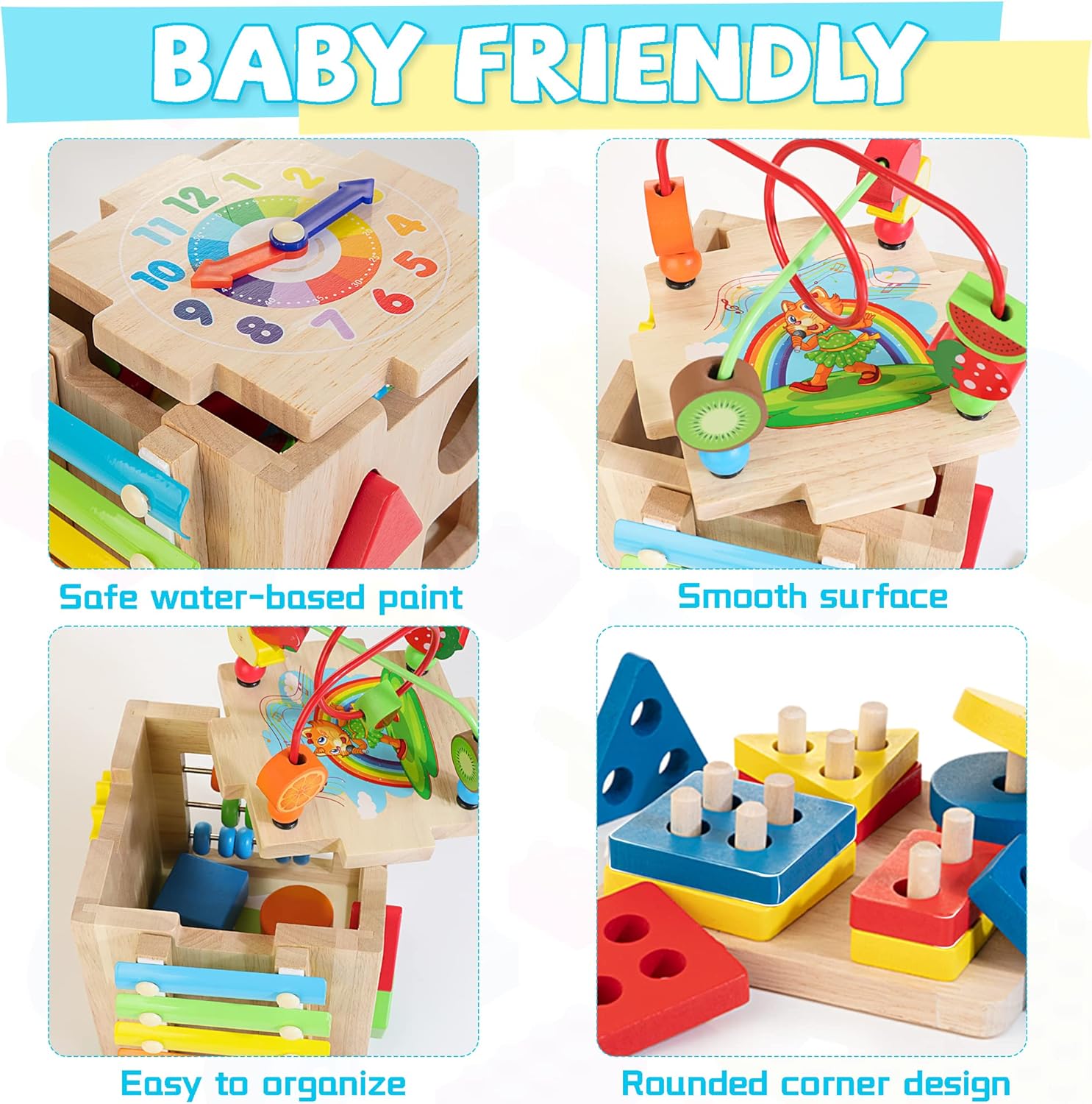 Detalle de Wooden Activity Cube 8-in-1 Montessori Toys for 12M+ Toddlers 🎲