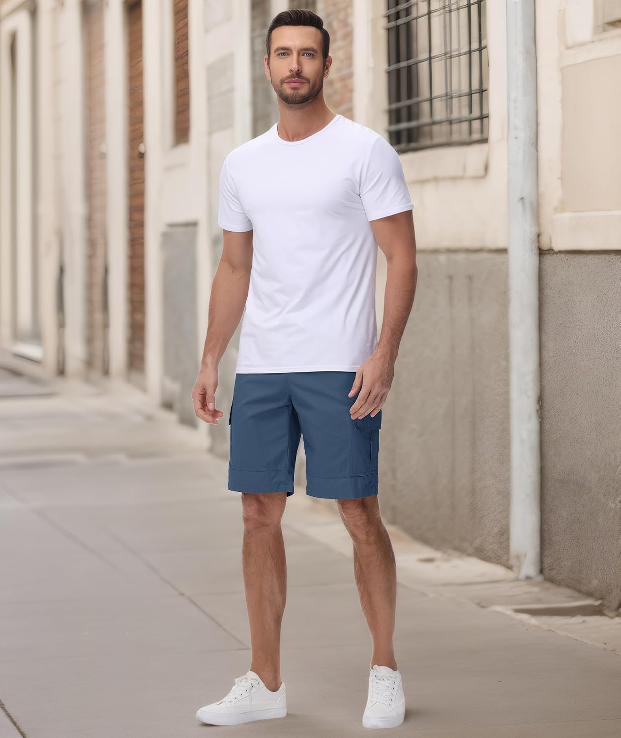 Detalle de JACKETOWN Kurze Cargo Shorts Herren – elastischer Bund, 6 Taschen, Baumwolle Sommer
