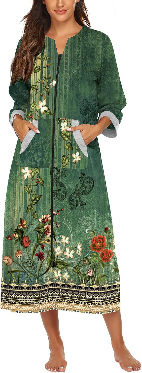 Detalle de Ekouaer Women's Full-Length Zip-Front Robe with 3/4 Sleeves and Pockets
