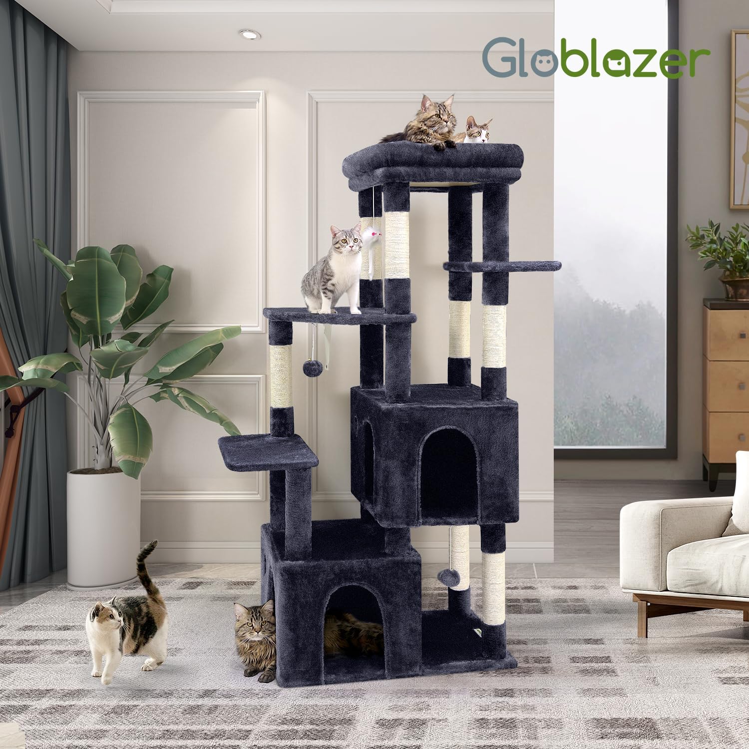 Thumbnail 6 de Globlazer Kratzbaum für 3–5 große Katzen (156 cm) mit 2 Deluxe Katzenhöhlen und 7 Sisal-Kratzsäulen, Dunkelgrau
