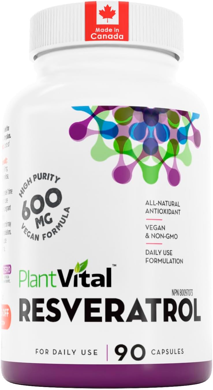 Detalle de PlantVital Resveratrol 600 mg Vegan Capsules, Made in Canada, 90 Count