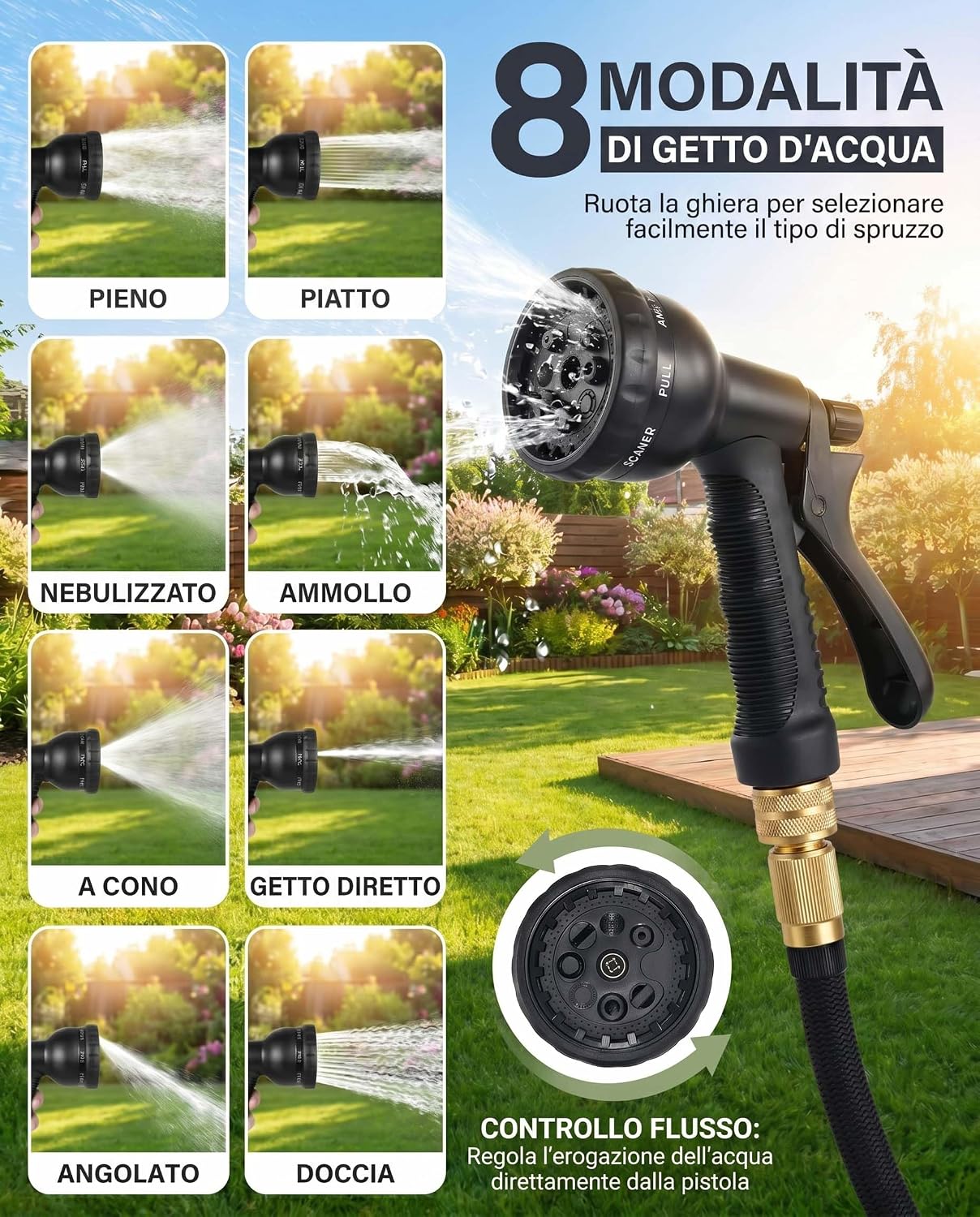 Thumbnail 4 de XIBALOM Tubo da Giardino Estensibile 15 m con 8 Funzioni e Pistola Acqua – Adattatore Universale