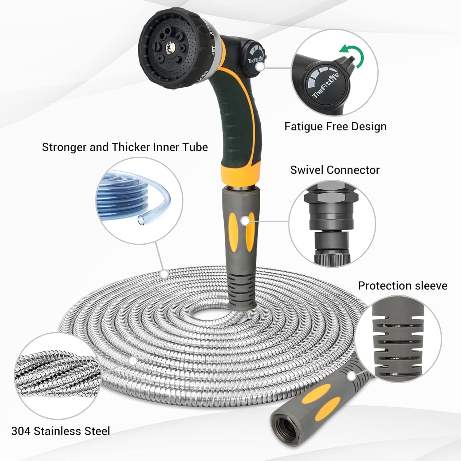Thumbnail 1 de TheFitLife 100 ft Stainless Steel Garden Hose with 8-Pattern Nozzle