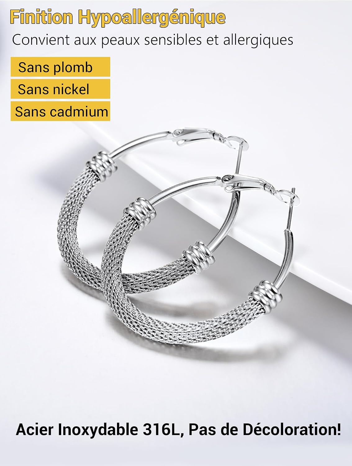 Detalle de PROSTEEL Créoles Acier Inoxydable 40 mm avec Mallas – Anneaux à Maillons (Or 18k / Noir) pour Femme