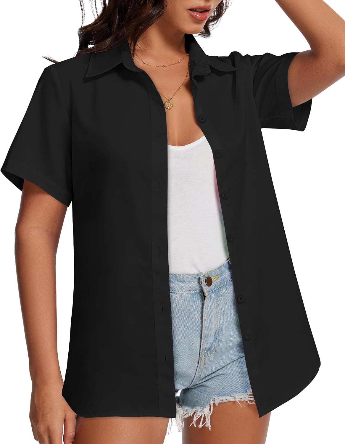 Detalle de CHICALLURE Women’s Hawaiian Button-Down Shirt, Short-Sleeve Floral V-Neck