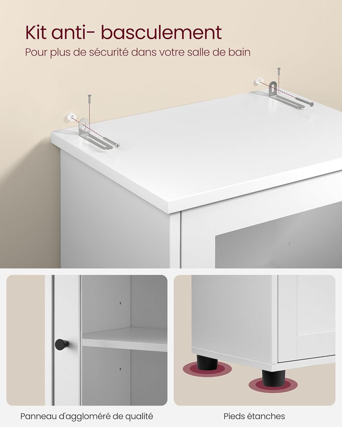 Thumbnail 5 de VASAGLE Meuble de salle de bain colonne blanc nuage BBK163W01 : rangement vertical avec étagères réglables