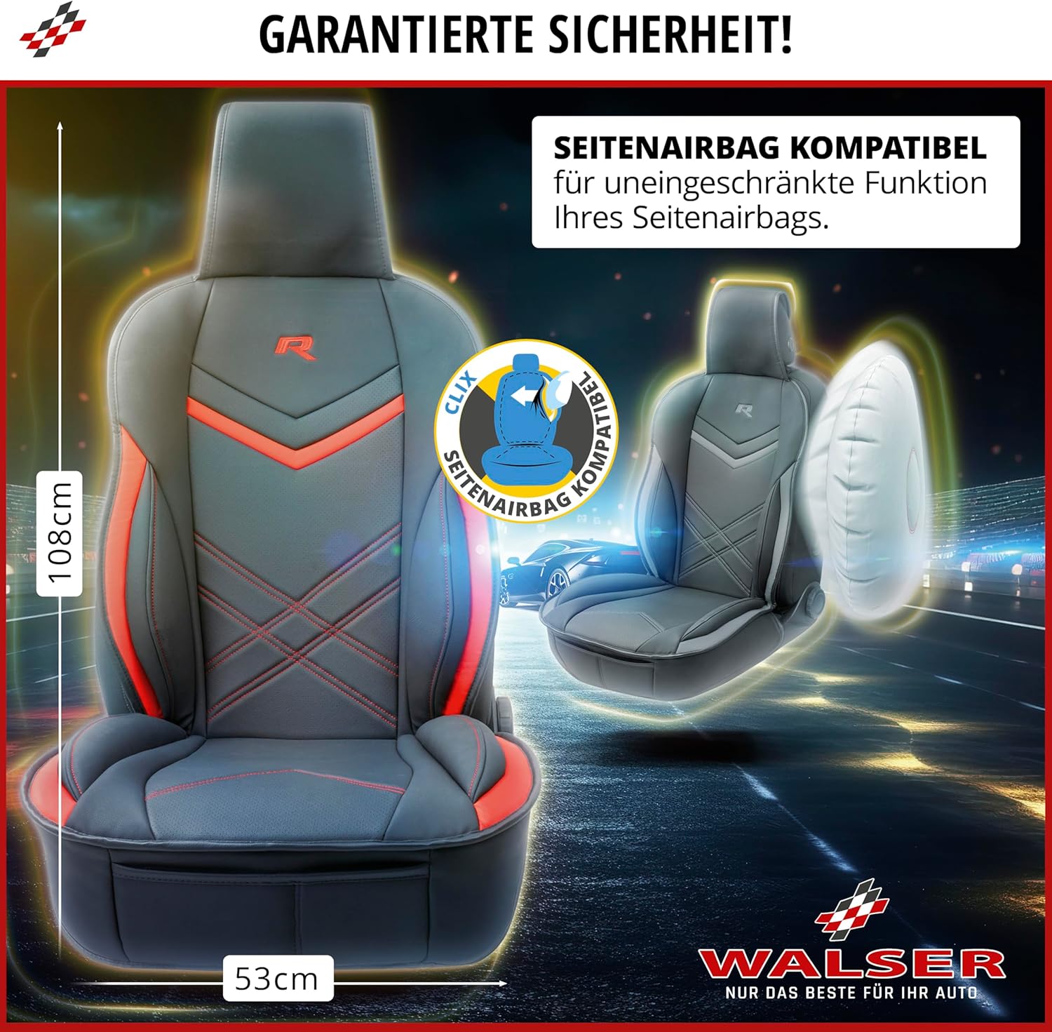 Thumbnail 3 de WALSER Sitzauflage Auto Rey – universeller Sitzschoner für Vordersitze im Rennsport-Look (schwarz/blau)
