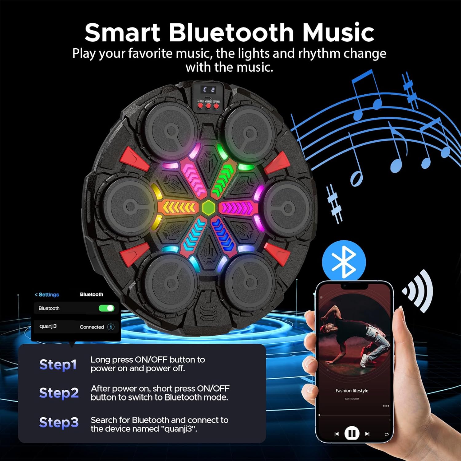 Detalle 2 de SZJJX Music Punching Machine for Kids & Adults – Bluetooth wall-mounted boxing trainer with gloves, rhythm lights and 2 player mode