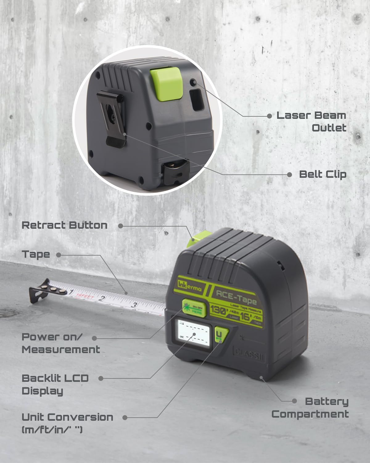 Detalle de Inkerma 2-in-1 laser tape measure with 16-ft tape