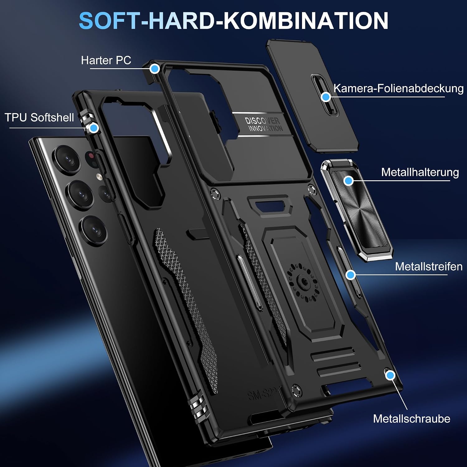 Detalle de Handyhülle mit Slide Camera Schutz für Samsung Galaxy S24 Ultra – 360° drehbarer Metallring, Stoßfest, inkl. Kameraschutz