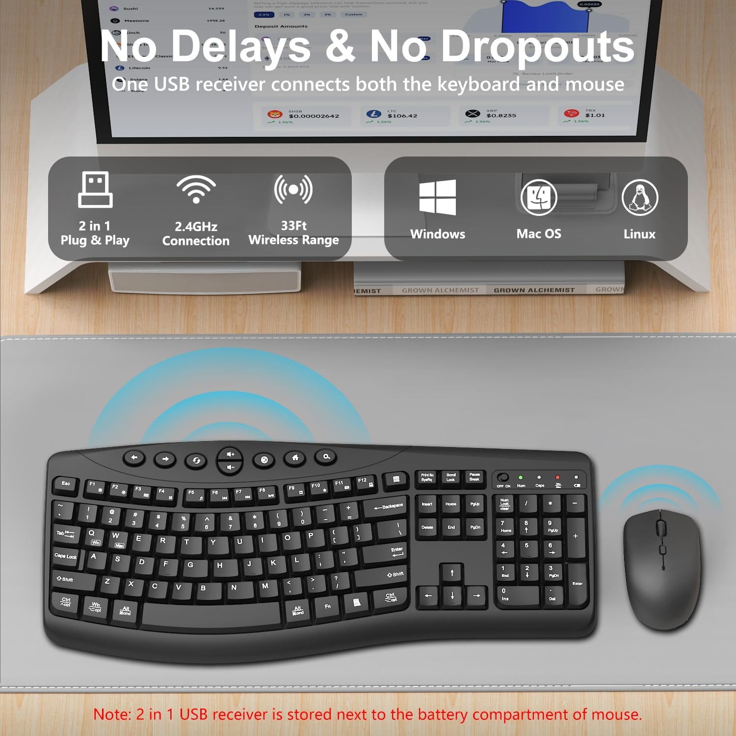 Detalle de Wireless Keyboard and Mouse Combo with Ergonomic Curved Design and Silent 2.4G Operation