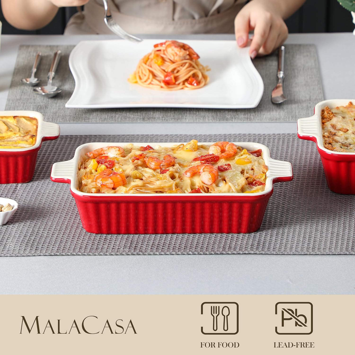Detalle de MALACASA Bake.Bake 4-teiliges Auflaufform-Set (Rot) – rechteckig, kratzfest, für Lasagne & mehr