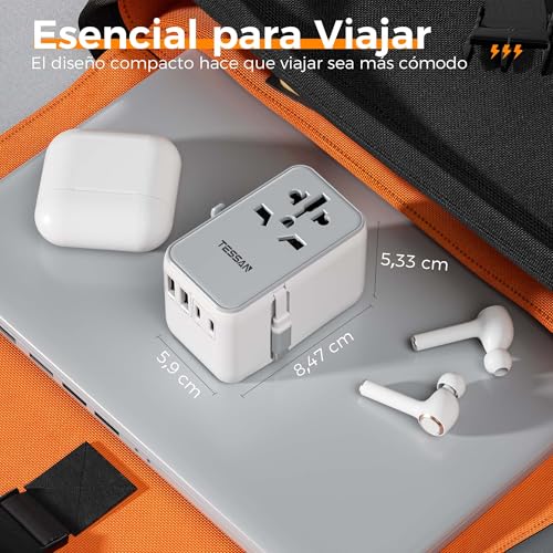 Detalle de TESSAN Adaptador Enchufe Universal 6 en 1 con cable USB‑C retráctil (PD 35 W)