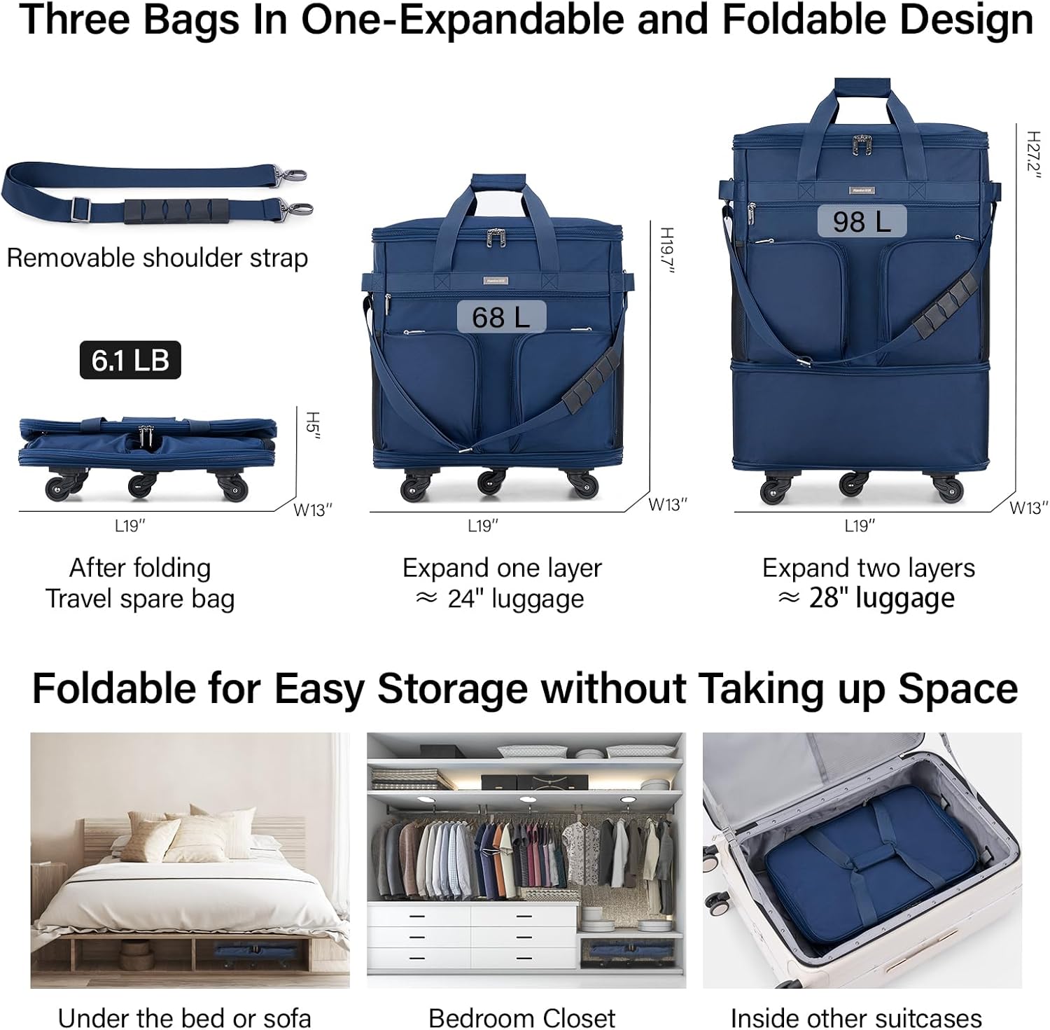 Detalle 2 de Hanke Expandable Large Suitcase 4 Wheels – Lightweight, Foldable 68L–98L (20/24/28 inch) with No Telescopic Handle, Blue