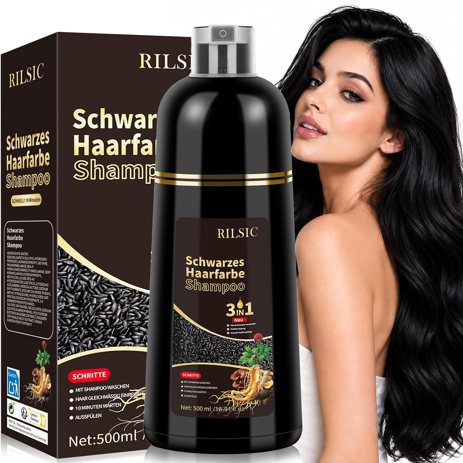 Detalle de BLSFXROE Black Hair Dye Shampoo 3in1 – Sofort-Haarfarbe Schwarz gegen graue Haare, 500 ml