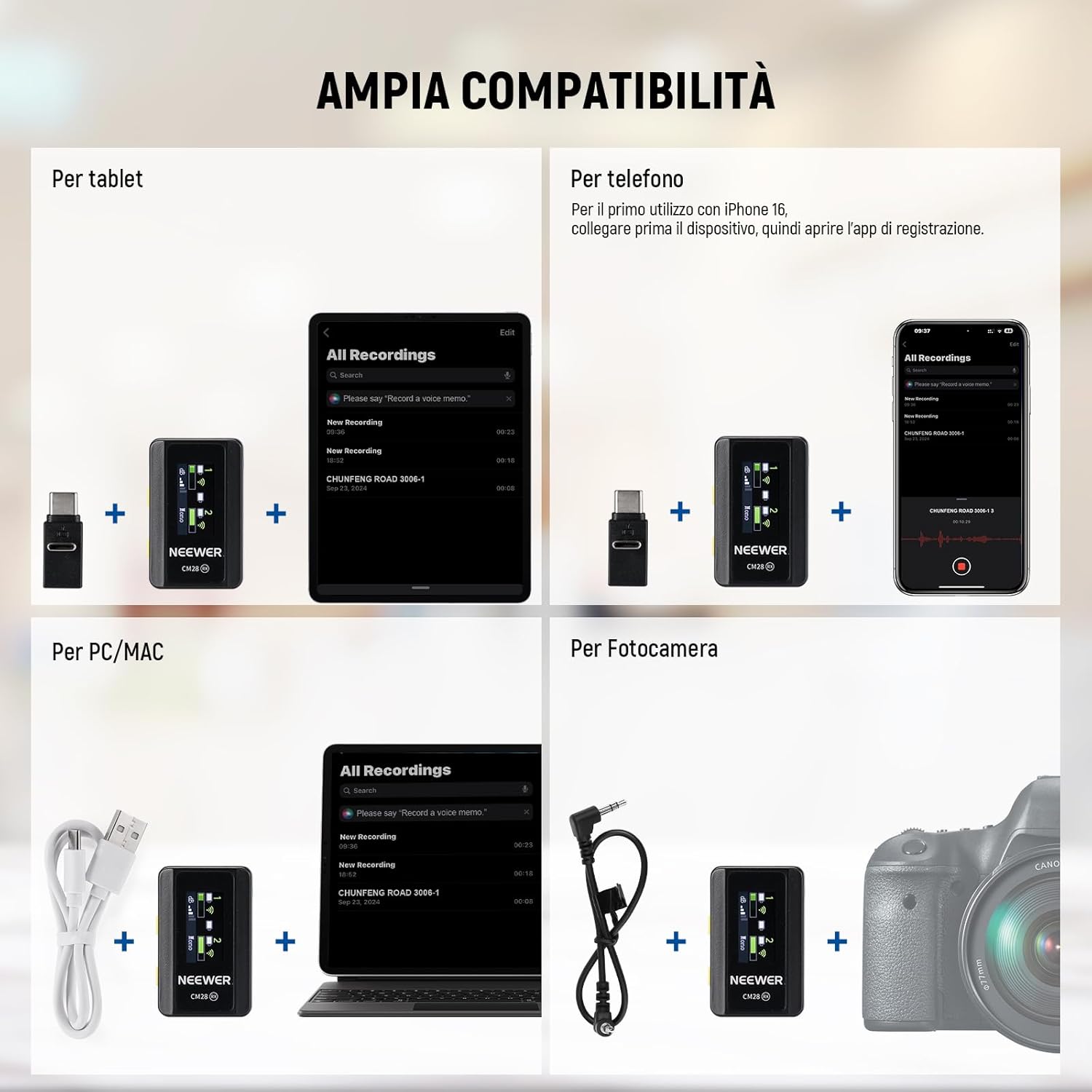 Thumbnail 6 de Neewer CM28 microfono lavalier wireless con anti-rumore e registrazione su 4GB