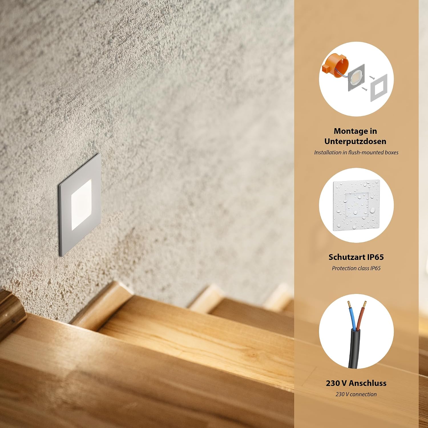 Detalle 2 de ledscom.de LED Treppenlicht 12er Set 85 x 85 mm