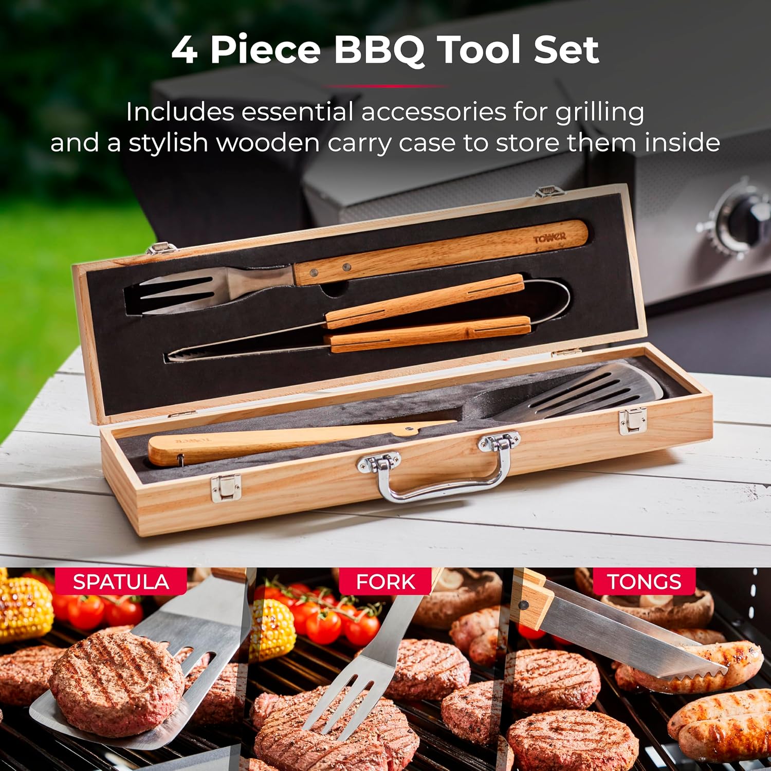 Detalle de Tower BBQ 4 Piece Tool Set with Wooden Handles and Carry Case (T932005)
