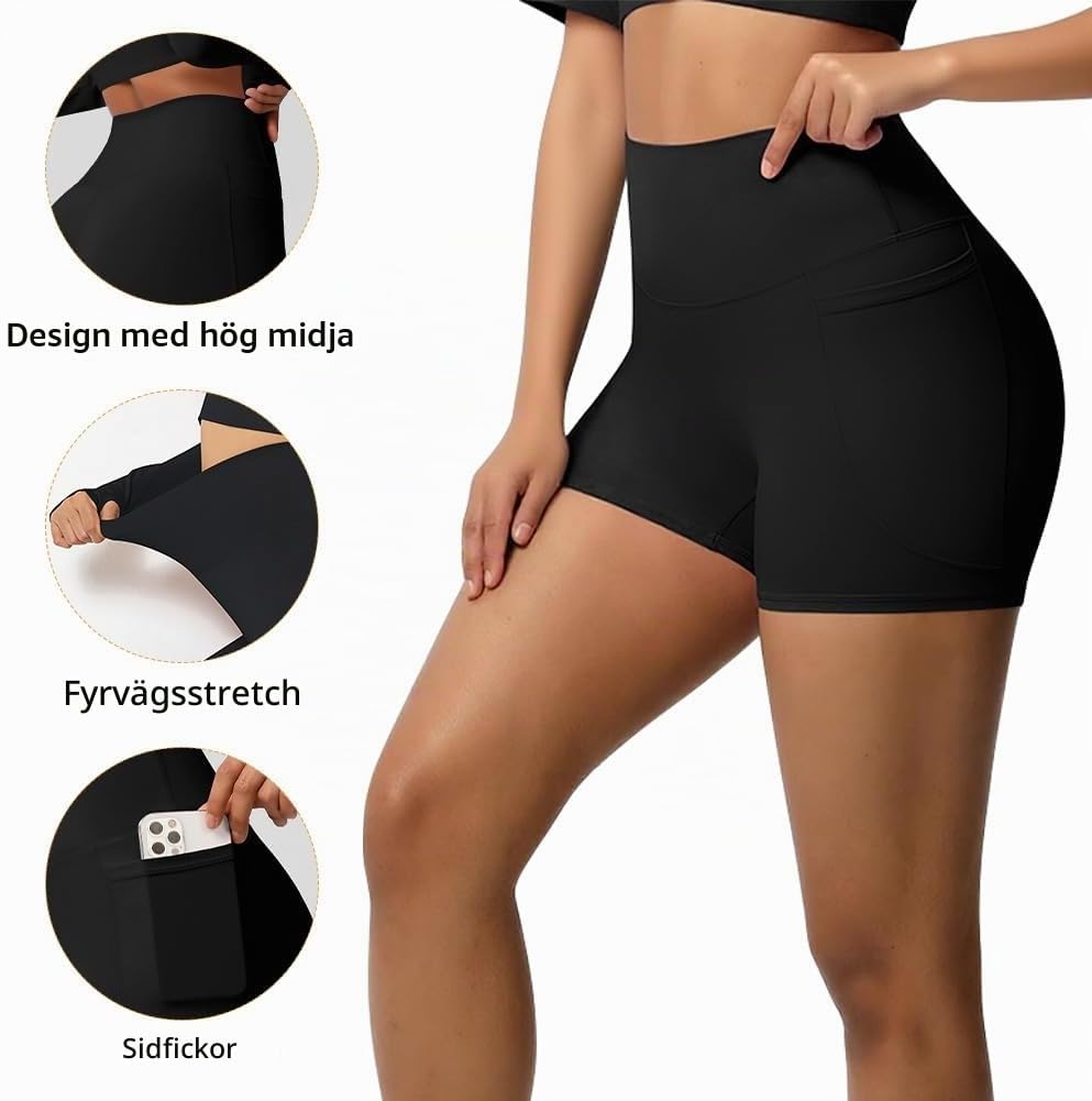 Thumbnail 2 de Svarta yogashorts för kvinnor med hög midja, två fickor och stretch