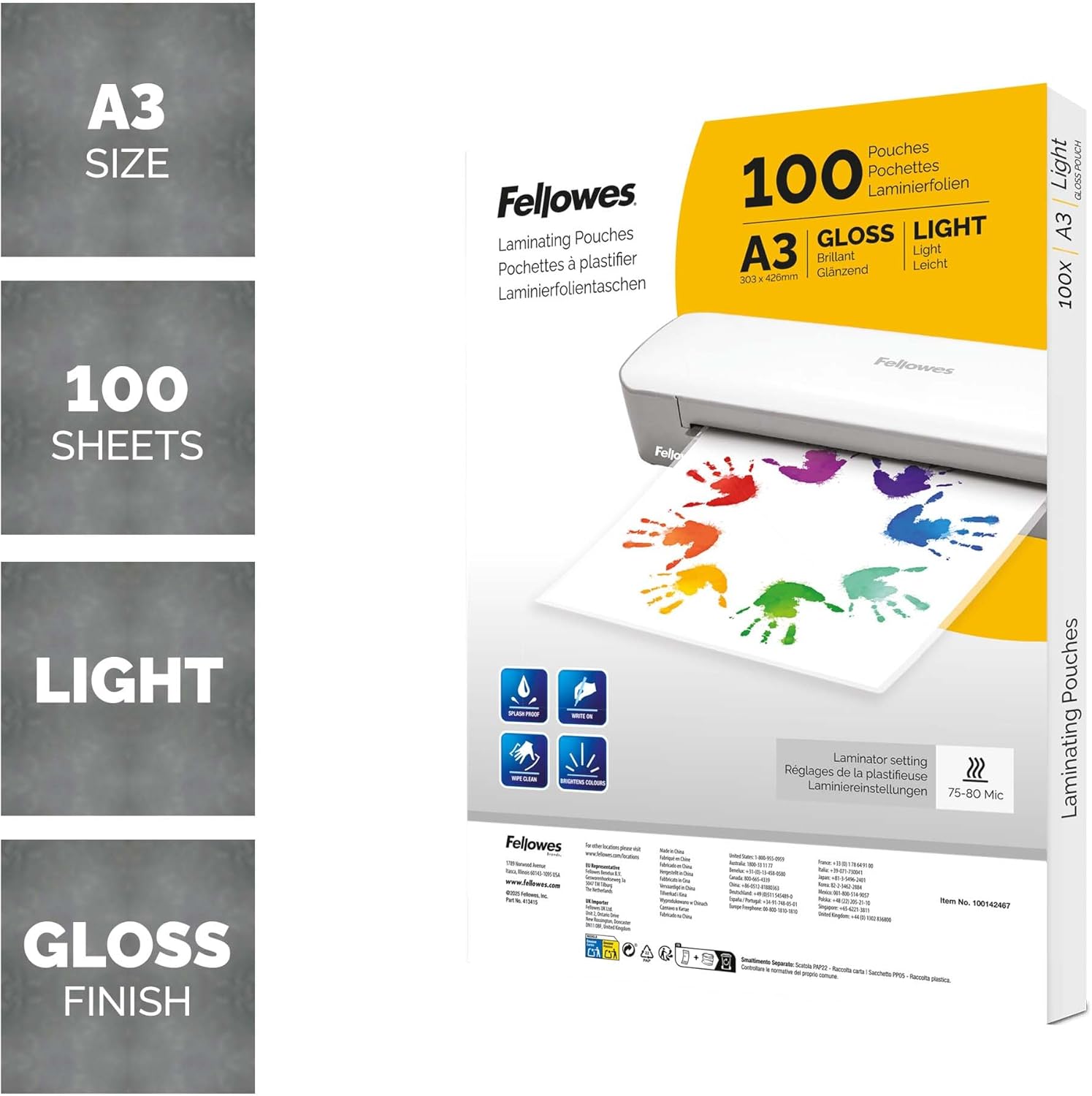 Thumbnail 1 de Fellowes A3 Laminating Pouches – 100 Pack Gloss Finish