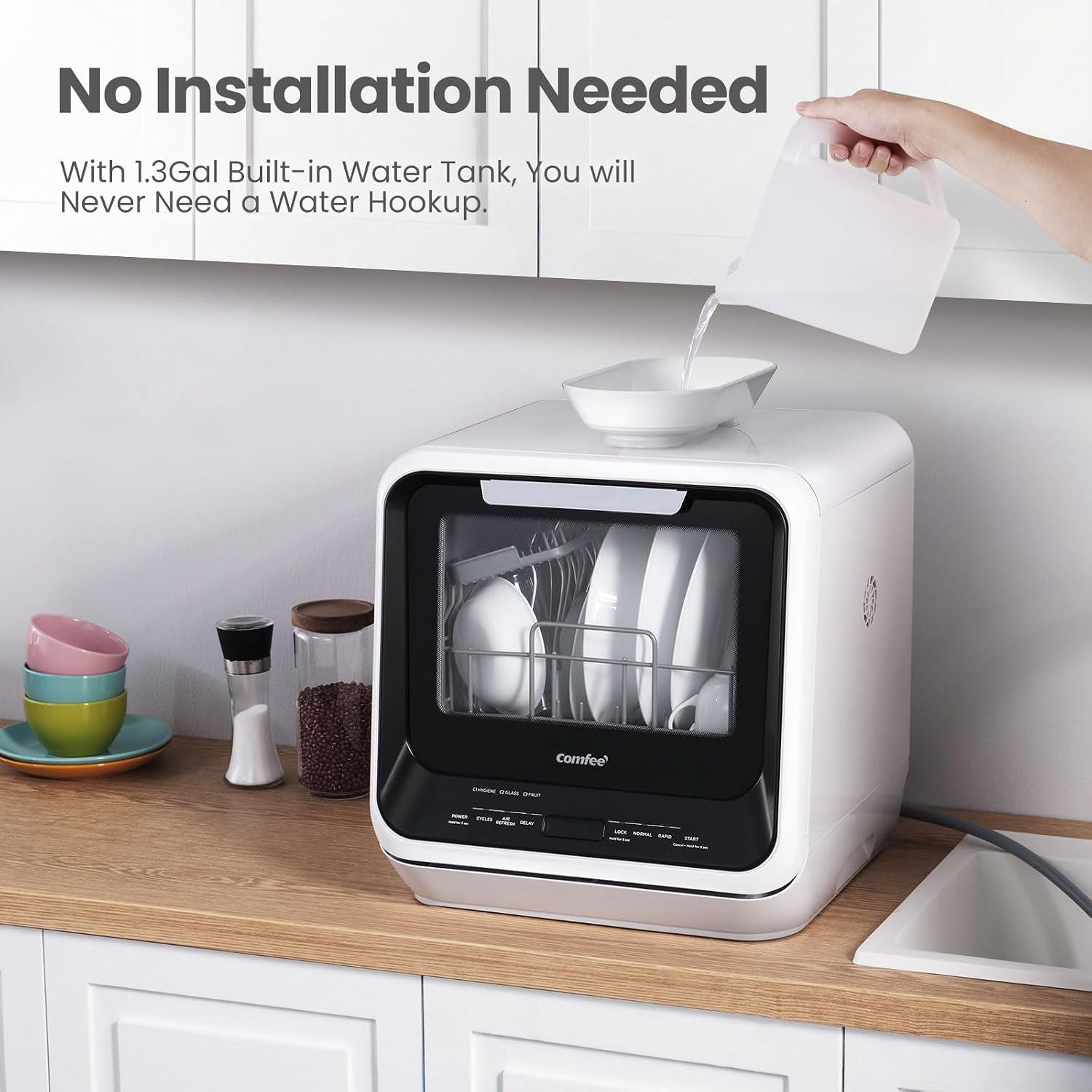 Detalle de COMFEE' CDC17P0AWB Countertop Dishwasher, 1.32-Gallon Tank, 6 Programs