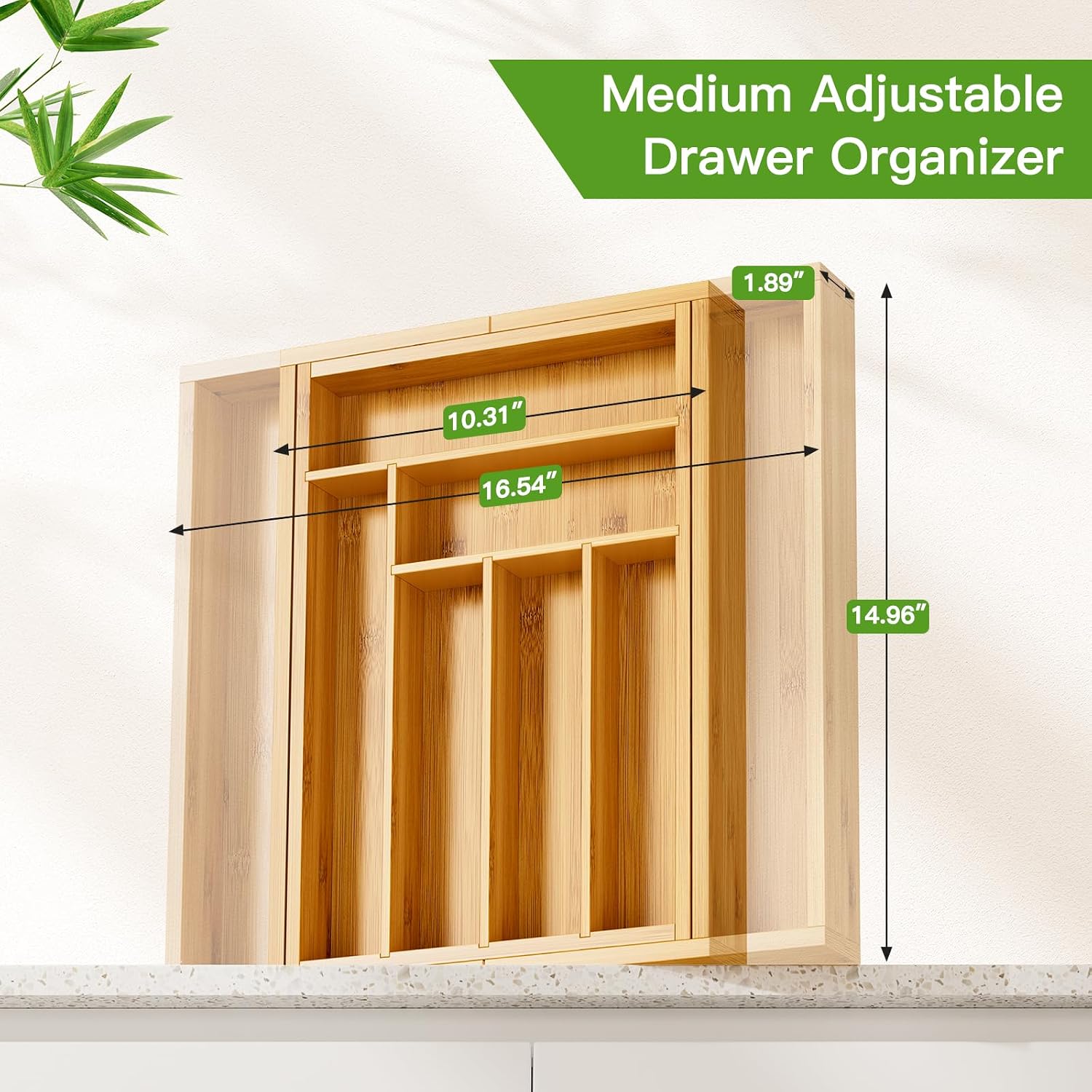 Detalle de Pipishell Medium Bamboo Silverware Drawer Organizer, Expandable 10.31–16.54 Inches