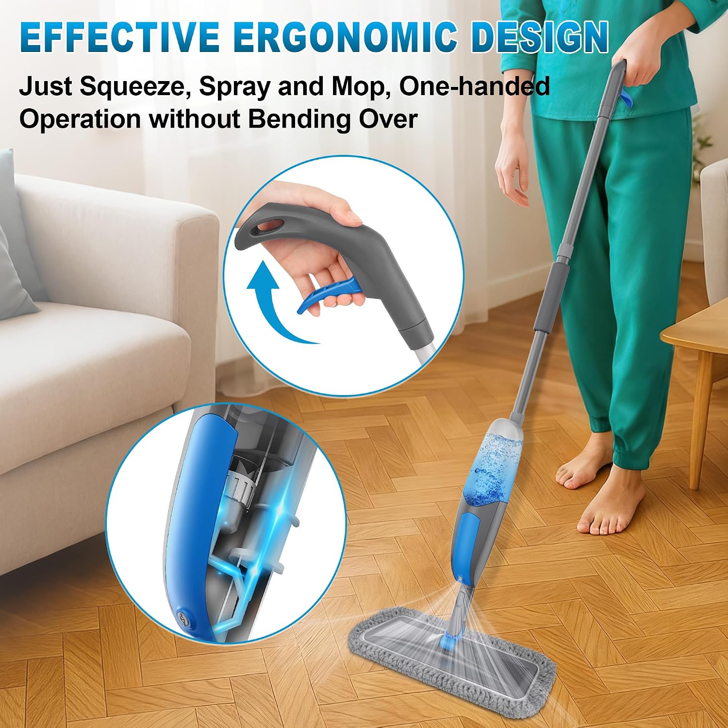 Detalle 1 de BPAWA Spray Mop with 550ml Refillable Bottle and Washable Microfiber Pads