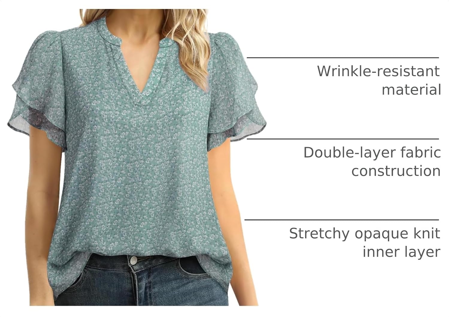 Detalle de Lotusmile Women’s Dressy Chiffon Blouses with Petal Puff Short Sleeves (V-Neck) for Work & Summer