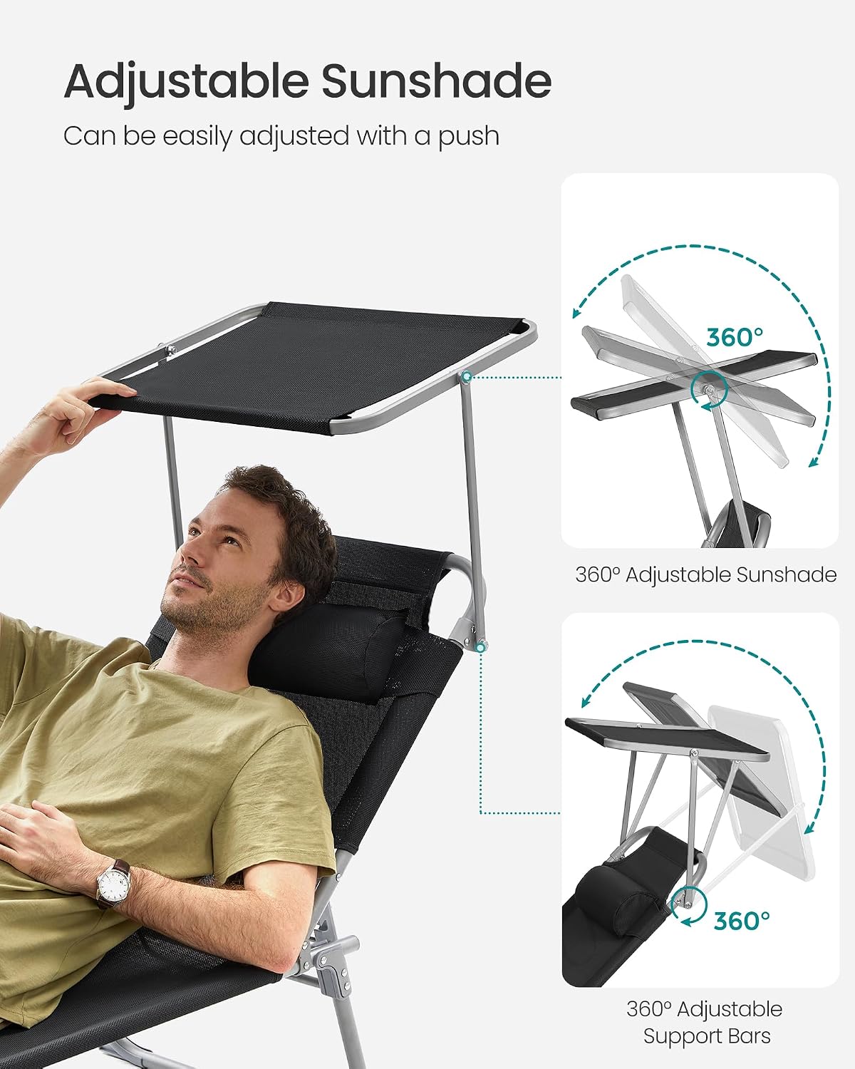 Detalle de SONGMICS UGCB192B01 Folding Sun Lounger with Adjustable Backrest and Sunshade