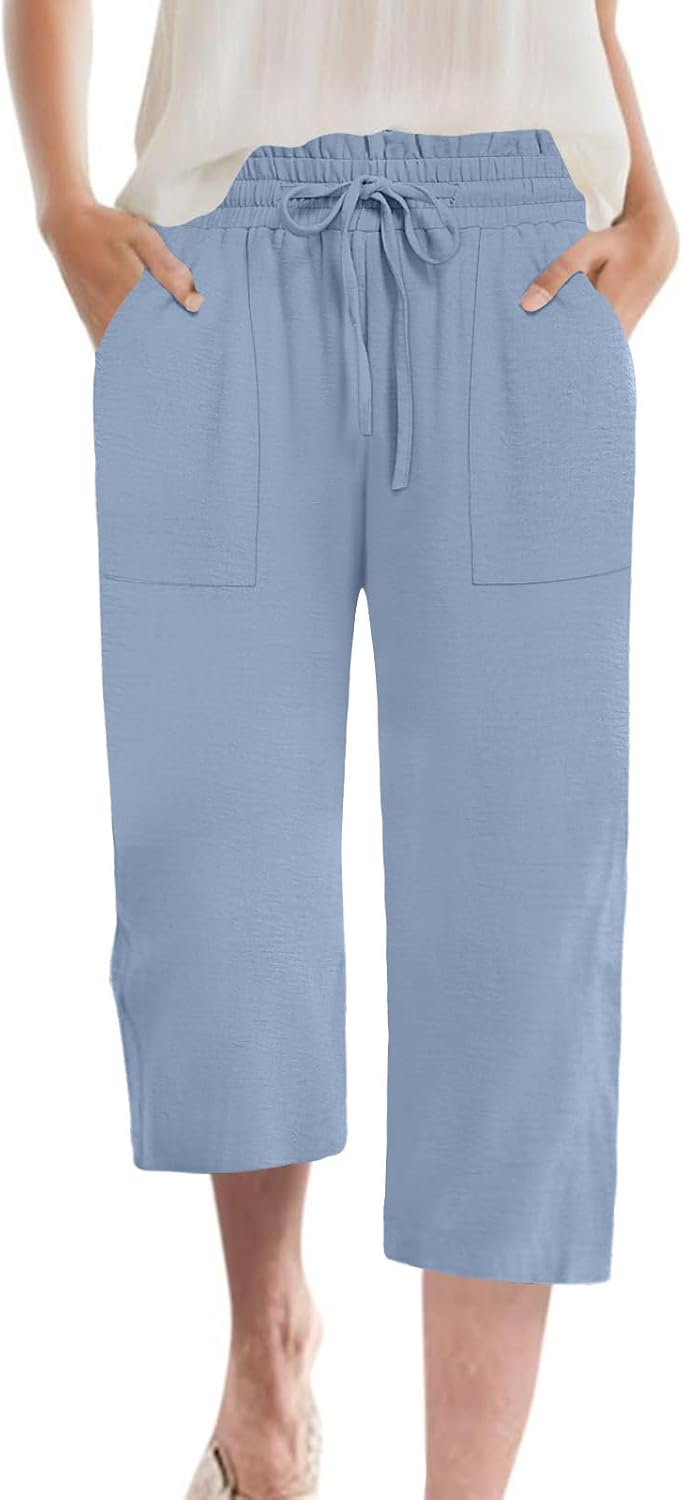 Detalle de MLXSJ Women's Capri Pants: Summer Wide-Leg High-Waisted Drawstring Trousers with Pockets