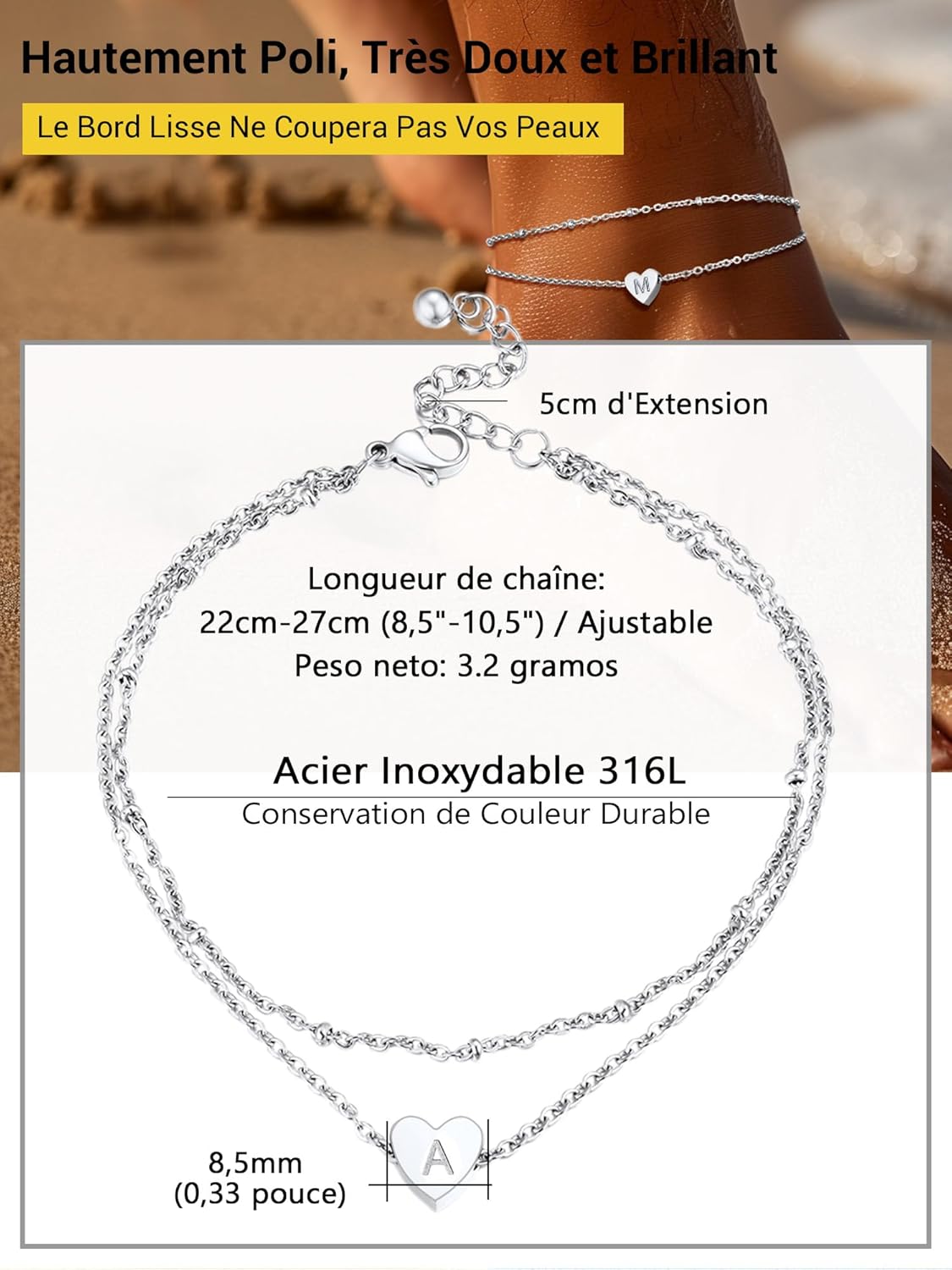 Thumbnail 5 de PROSTEEL Bracelet de cheville femme en acier inoxydable avec cœur initiale double chaîne ajustable 22+5 cm
