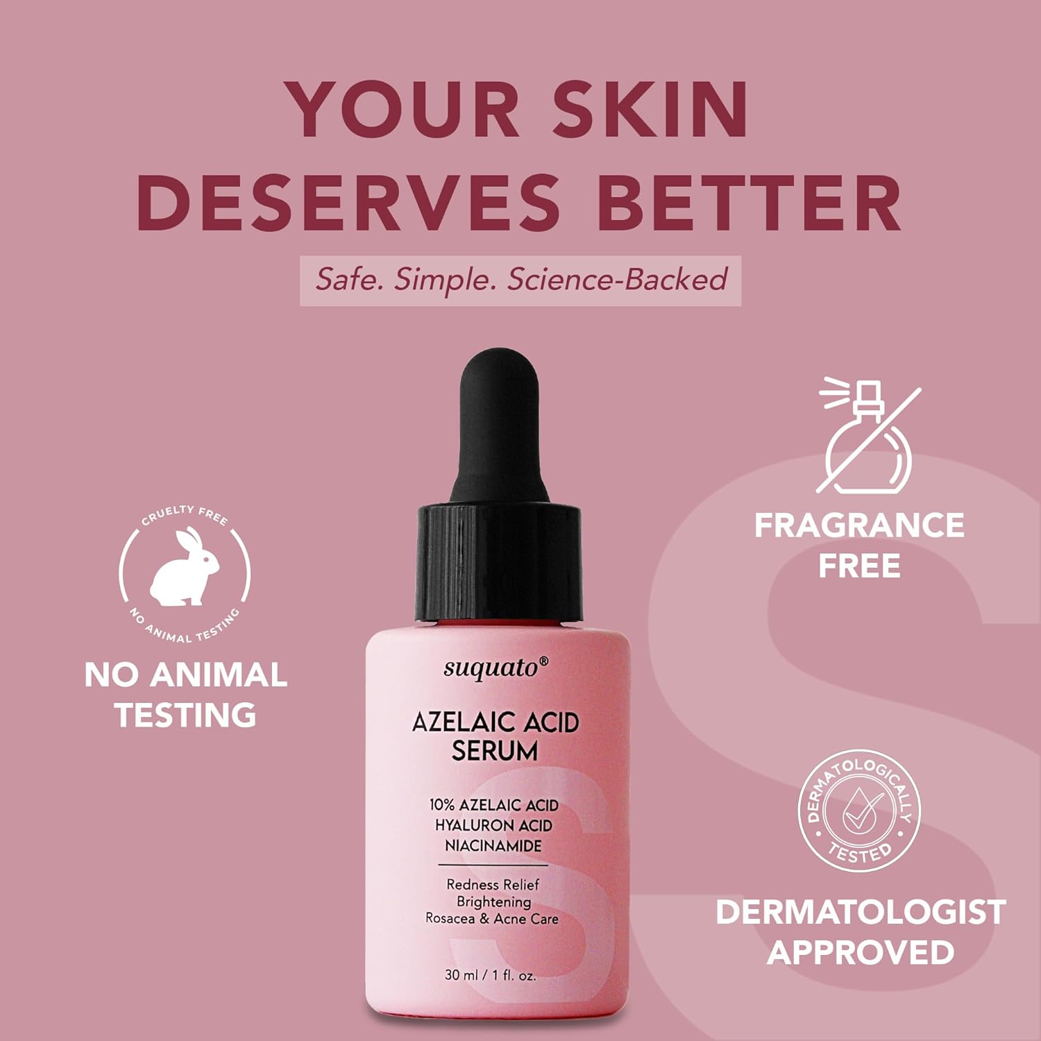 Detalle de Suquato Azelainsäure Serum 10% – Gesichtsserum mit Azelainsäure, Niacinamid und Hyaluronsäure (30 ml)