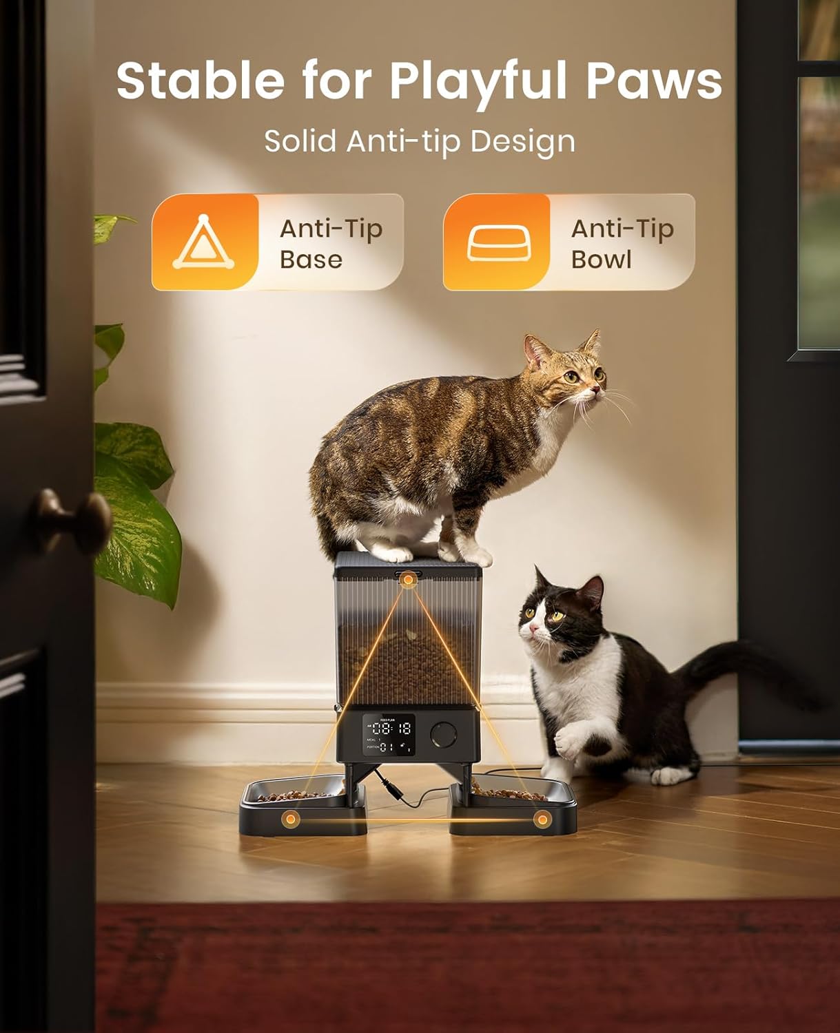 Detalle de Oneisall Automatic Cat Feeder for 2 Cats: 5L/20 Cups, Timed Dry Food Dispenser with Dual Bowls