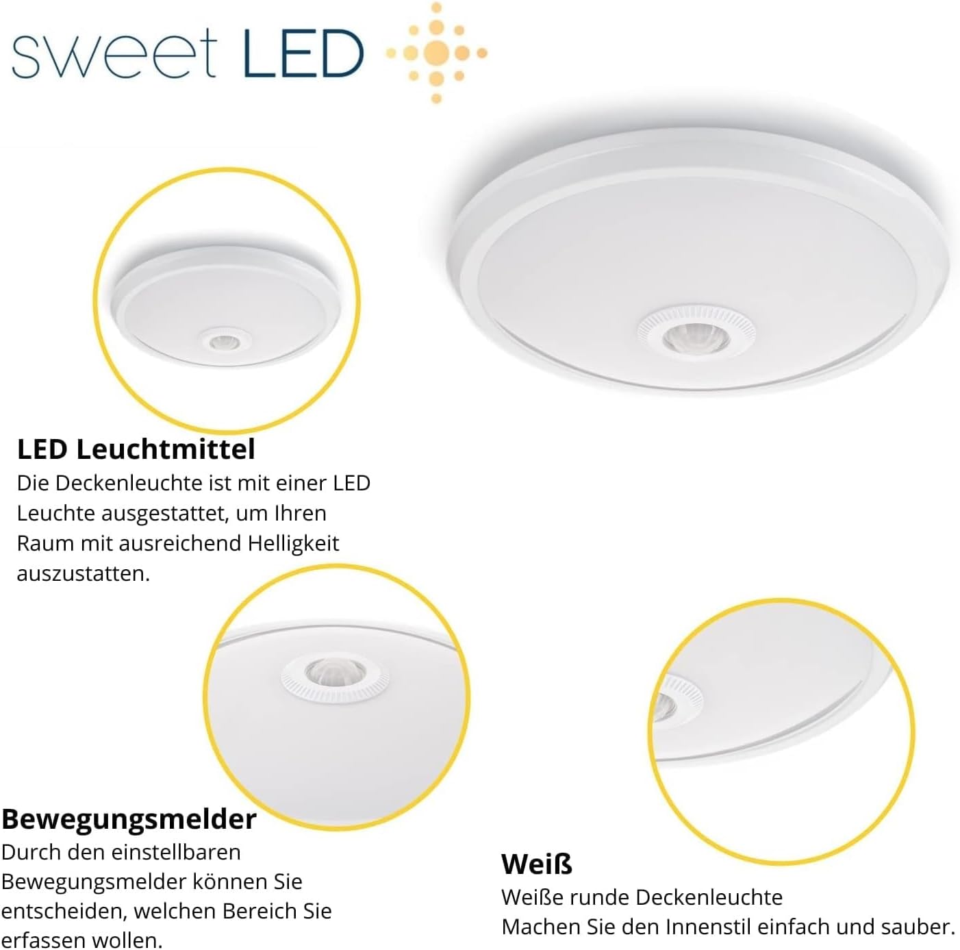 Detalle de Sweet Led Deckenleuchte mit Bewegungsmelder – 12W, 850lm, 4000K, Ø29 cm