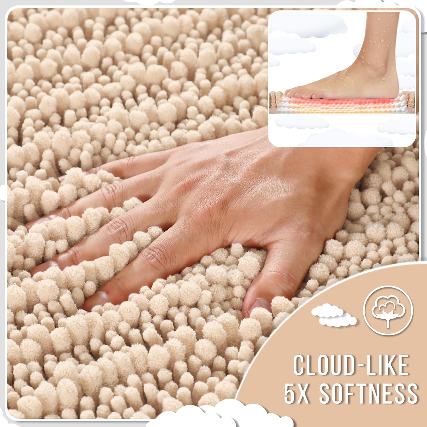 Detalle 1 de Yimobra 32 x 20-Inch Chenille Bath Mat, Non-Slip, Washable, Light Brown