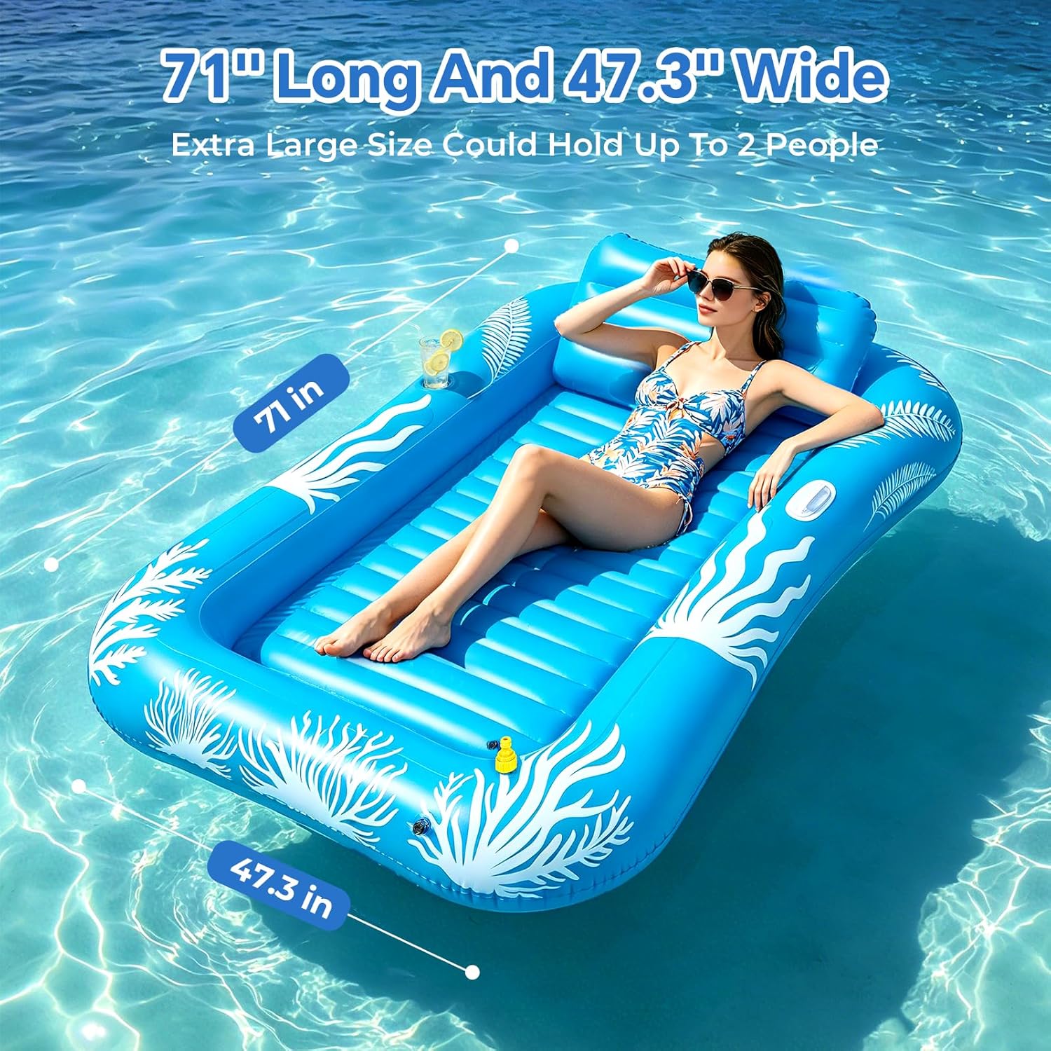 Detalle 2 de Inflatable Tanning Pool Lounger Float with Sprinkler — 6-in-1 Suntan Tub Raft for Adults (71" x 47.3"), Drink Holder & Pillow
