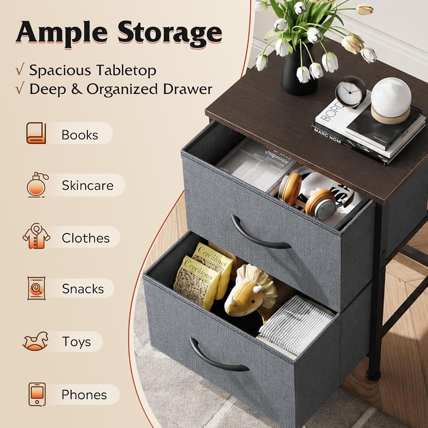 Detalle 2 de WLIVE Nightstand 2-Drawer Bedside Table