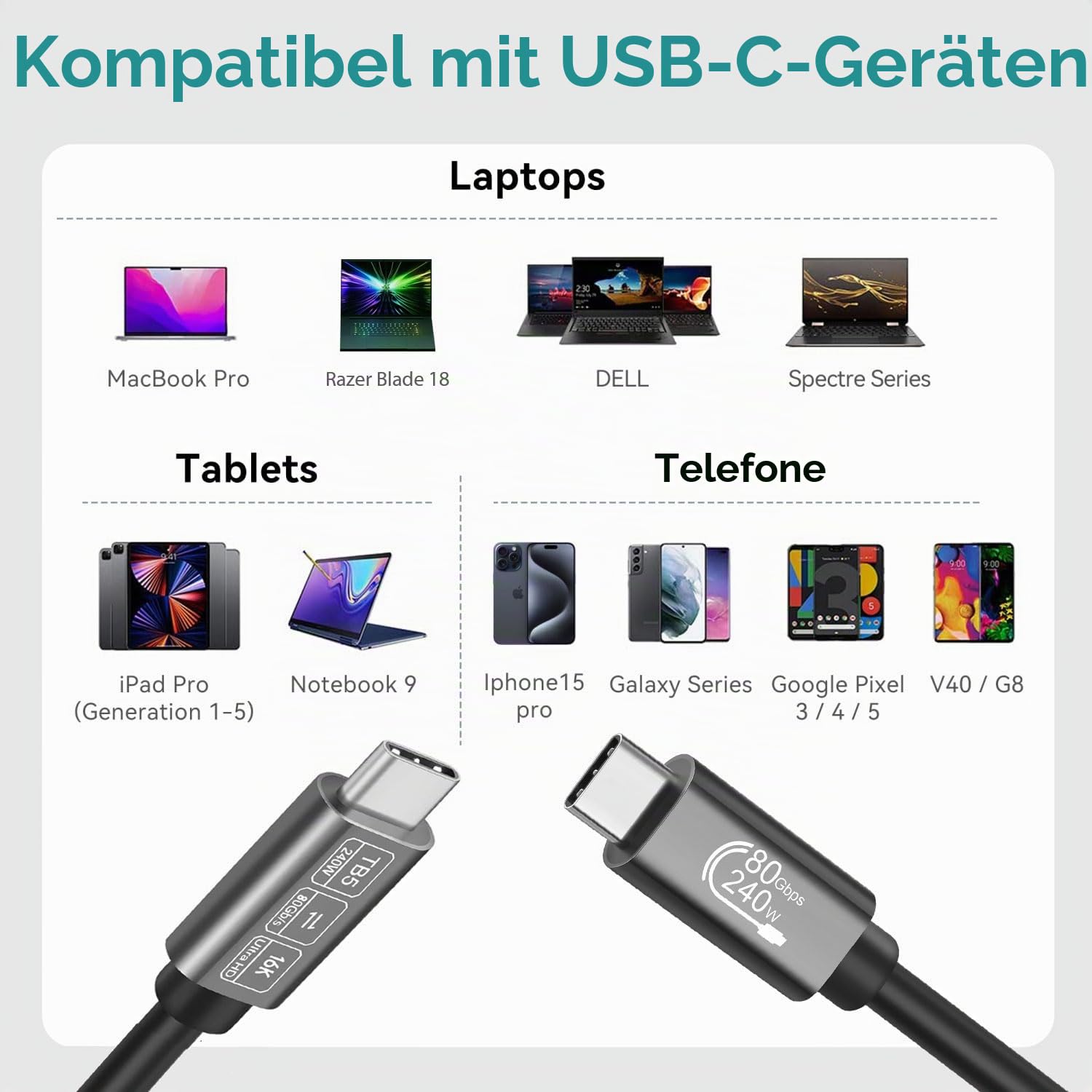 Detalle 2 de ConnBull Thunderbolt 5 Kabel, 0,5 m – 240 W, 80 Gbps, USB-C zu USB-C
