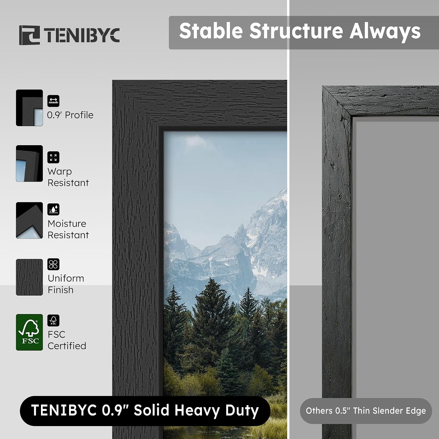 Detalle 2 de TENIBYC 5x7 Picture Frame 3 Pack – Black Woodgrain, Solid Wood & HD Tempered Glass