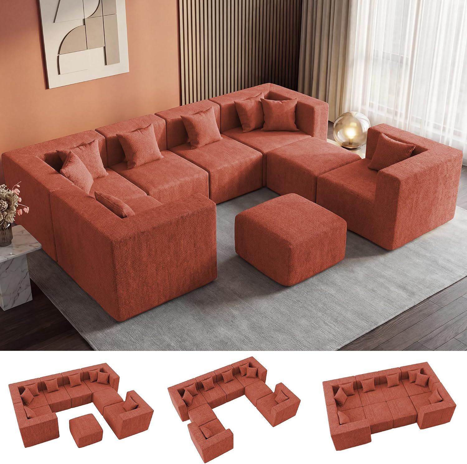 Detalle de MONVANE Modular Sectional Sofa, 8-Seat U-Shaped Chenille Couch, Rust Red
