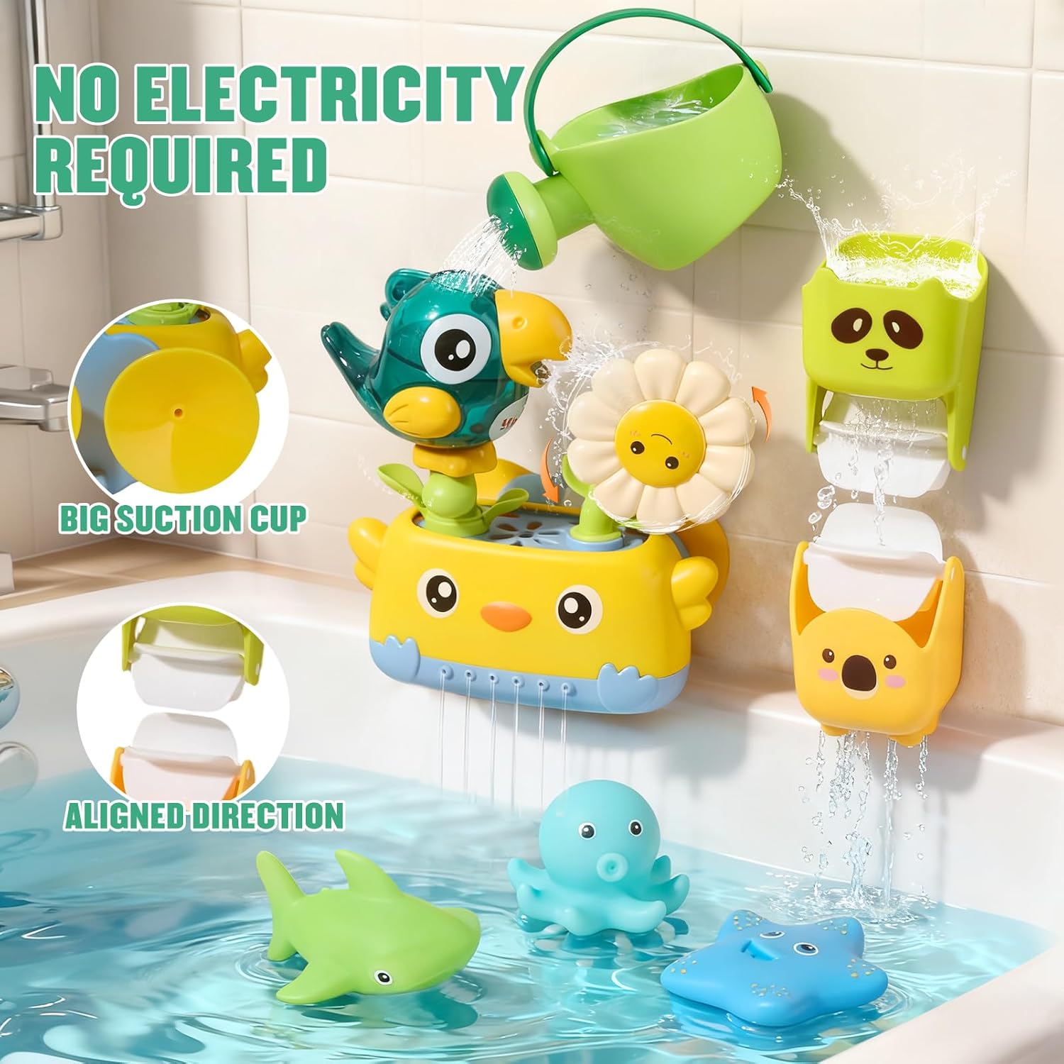 Detalle de Toddler Bath Toys for 1–4 Years: Mould-Free Water Play Set with Bird Figurine, Rotating Cups and Spill-Back Whistle