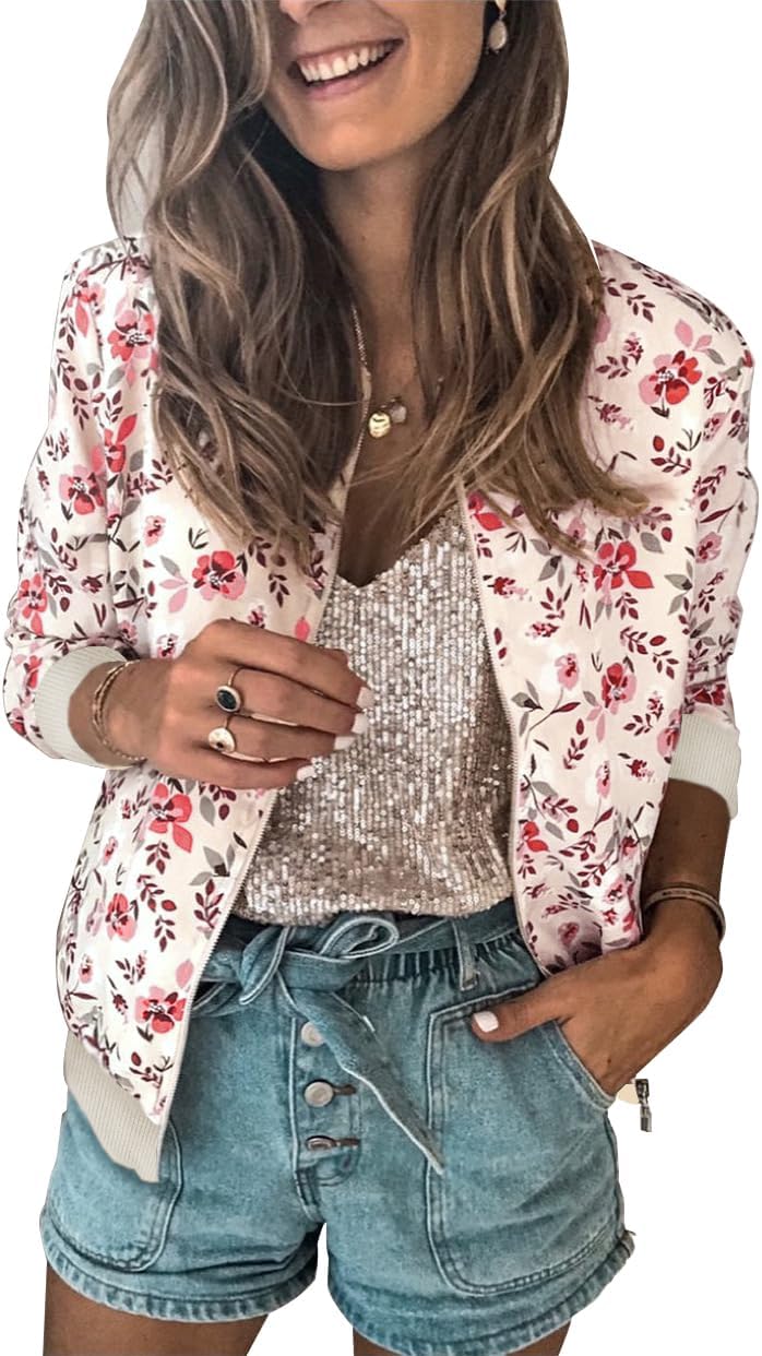 Detalle de ECOWISH Damen Bomberjacke mit Blumenmuster
